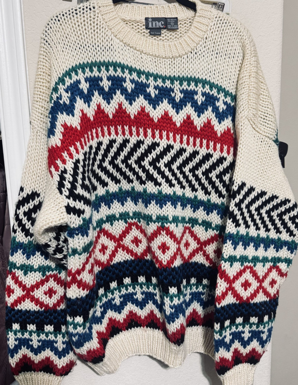 Vintage 80s INC Macy's wool blend sweater hand framed mens XL Chunky fair isle
